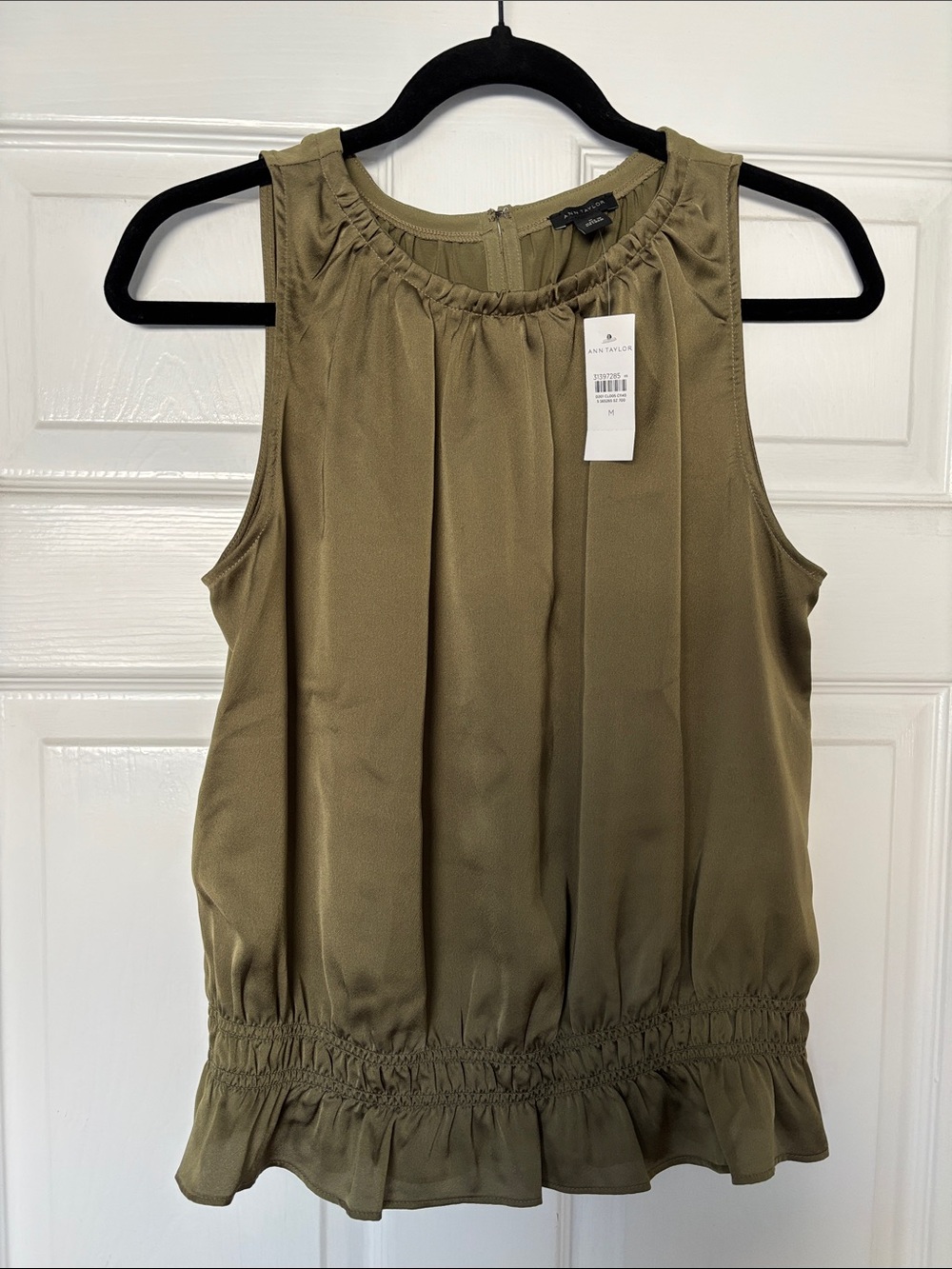 Ann Taylor Olive Sleeveless Blouse with Ruffle Hem